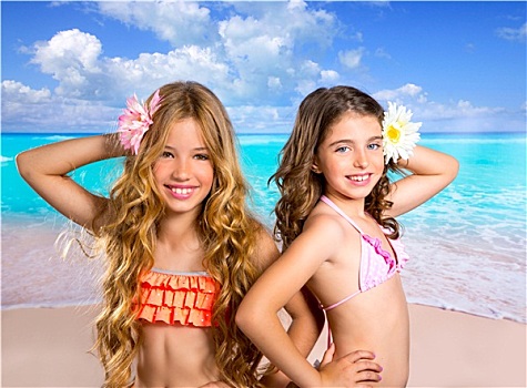 孩子,两个,朋友,女孩,高兴,热带沙滩,度假