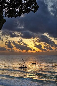 肯尼亚,舷外支架,独木舟,帆,海滩,日出
