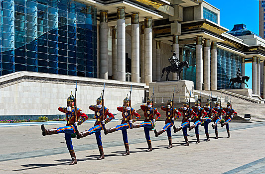 守卫,蒙古人,军事力量,正面,国会大厦,乌兰巴托,蒙古,亚洲