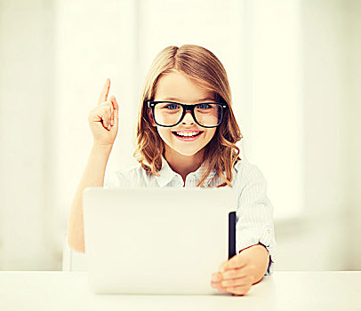 教育,学校,科技,互联网,概念,小,学生,女孩,黑色,眼镜,平板电脑,电脑,手指,向上
