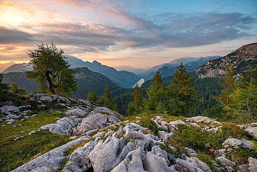 山景,风景,上面,日落,左边,瓦茨曼山,国家公园,陆地,上巴伐利亚,巴伐利亚,德国,欧洲