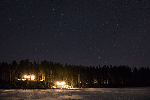 芬兰,区域,岸边,雪,屋舍,星,空中,冬天