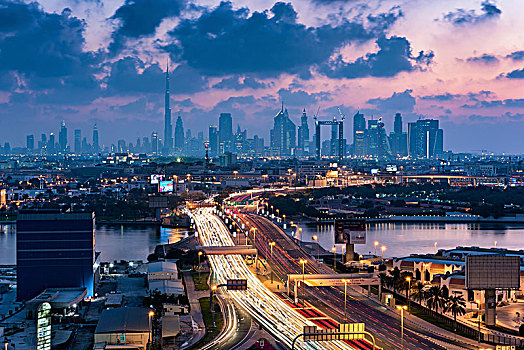 城市,迪拜,阿联酋,黄昏,公路,码头,摩天大楼,远景