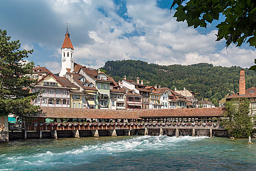 城市风光,木桥,河,瑞士,欧洲