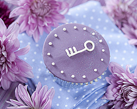 紫色,杯形蛋糕,装饰,钥匙