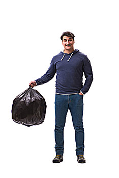 男人,垃圾,袋,隔绝,白色背景