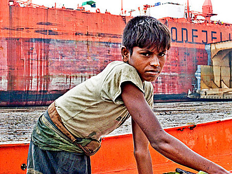 早,早晨,14岁,工人,海滩,船,条纹,工作,三个,岁月,孟加拉,八月,2008年