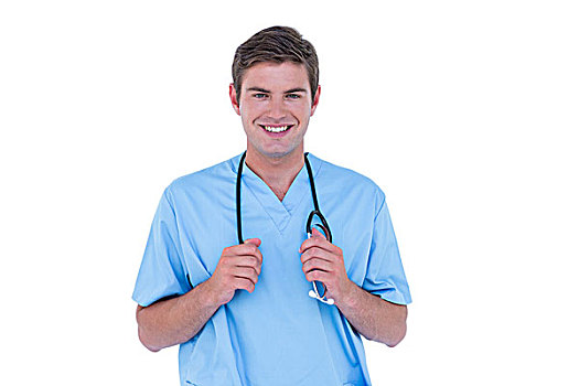 年轻,医护人员,蓝色,长套衫,白色背景