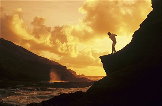 夏威夷,打高尔夫,站立,悬崖,晃动,高尔夫球杆
