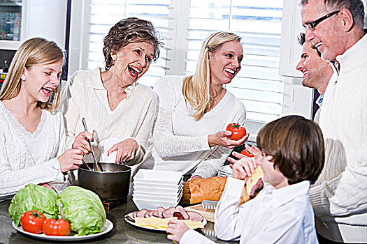 祖母,家庭,笑,厨房