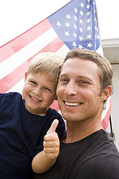 肖像,父亲,孩子,儿子,给,竖大拇指,美国国旗,背景