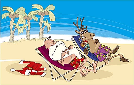 圣诞老人,驯鹿,休息,海滩