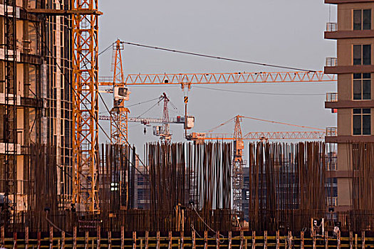 阿联酋,迪拜,起重机,背景,钢筋,粘住,向上,地面,建筑,施工