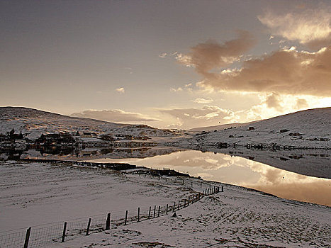 苏格兰,设得兰群岛,雪,日落