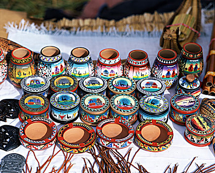 装饰,罐,市场货摊,提提卡卡湖,秘鲁