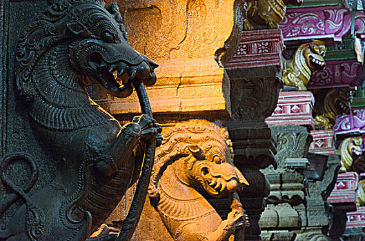 室内,庙宇,马杜赖,装饰,雕刻,雕塑,神,泰米尔纳德邦,印度,亚洲