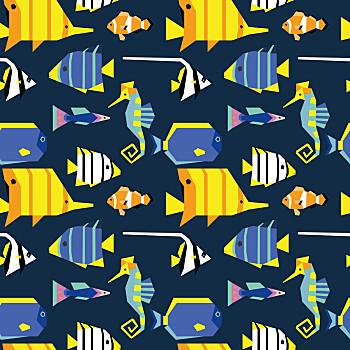 几何,热带鱼,无缝,图案,可爱