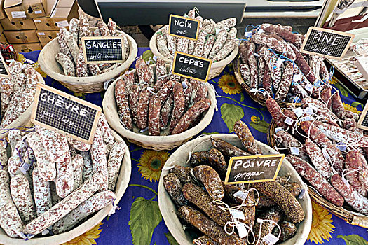 粗红肠,传统,法国,干燥,香肠,出售,户外市场,利莫辛,欧洲