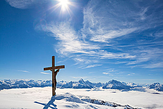 山,十字架,贝希特斯加登阿尔卑斯山,巴伐利亚,德国,欧洲