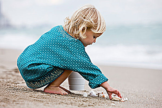女孩,玩,壳,海滩