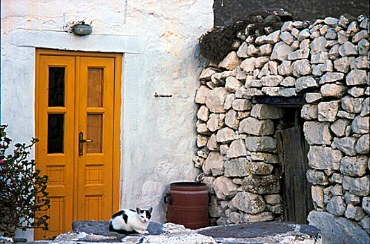 希腊,帕特莫斯岛,乡村,家,亲密,石头,小屋,房子,动物