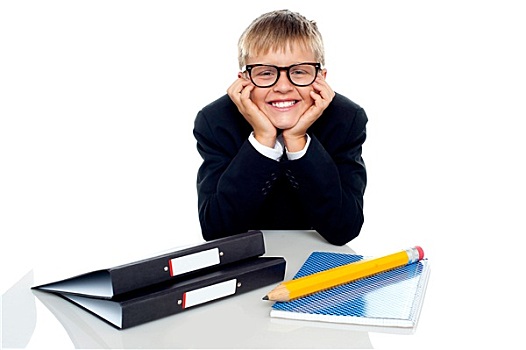 戴眼镜,男孩,姿势,文件,书桌
