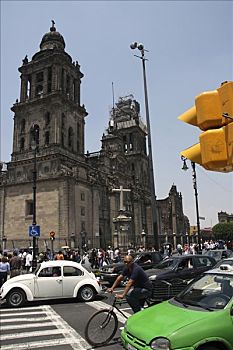 墨西哥,墨西哥城,大教堂,一个,西半球,西班牙人,巴洛克风格,建筑,一对,新古典,塔,拿着,铃