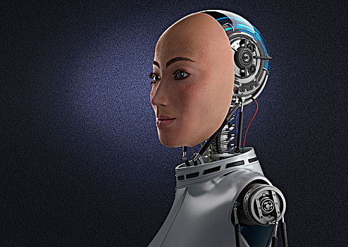 机器人,脸,机械,后脑勺,上身,侧面视角,暗色,紫色背景