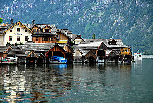 船库,哈尔斯塔特,看,湖,世界遗产,萨尔茨卡莫古特,阿尔卑斯山,上奥地利州,欧洲