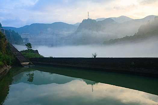 水,湖,早晨,雾气,氤氲,桥,船,电站