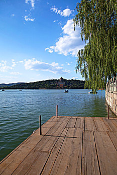 昆明湖的木制栈桥和万寿山佛香阁