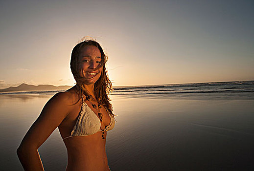 女人,头像,海滩,微笑,兰索罗特岛,加纳利群岛,西班牙