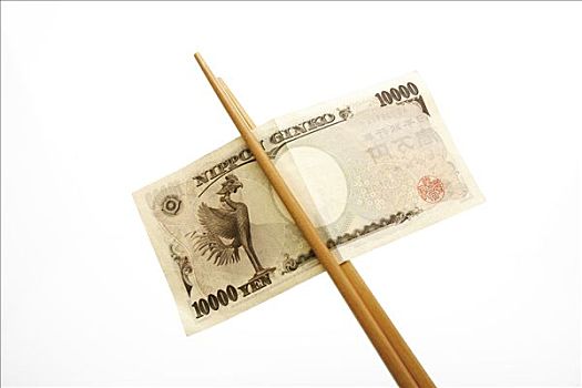 筷子,拿着,日元,钞票