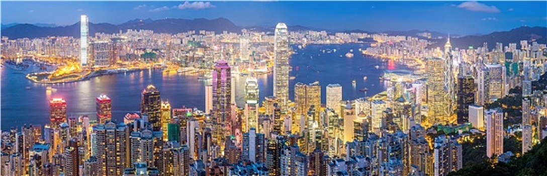 香港,天际线,黄昏,全景