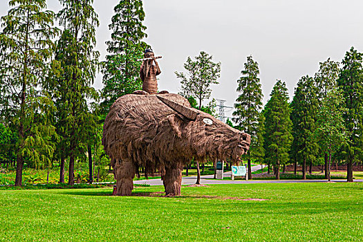 上海,辰花公路,辰山植物园,植物园,景观,牧童,水牛,草人,倒影,树木,植物,绿色,室外,彩图,横图,无人