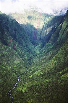 夏威夷,考艾岛,山,瀑布,河流