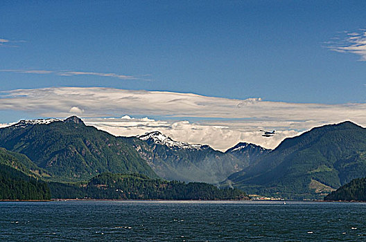 水上飞机,上方,声音,海岸,山峦,背景