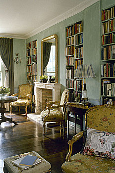 客厅,大理石,壁炉,书架,镀金,软垫,扶手椅,木地板