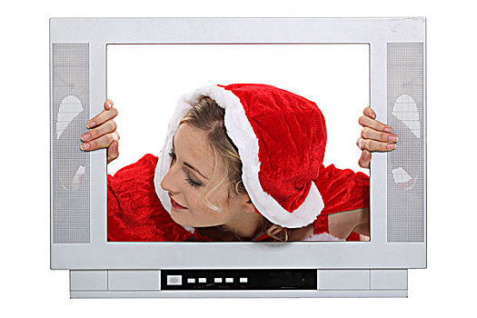 女人,圣诞节,帽子,后面,电视