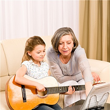 女孩,唱,演奏,吉他,祖母