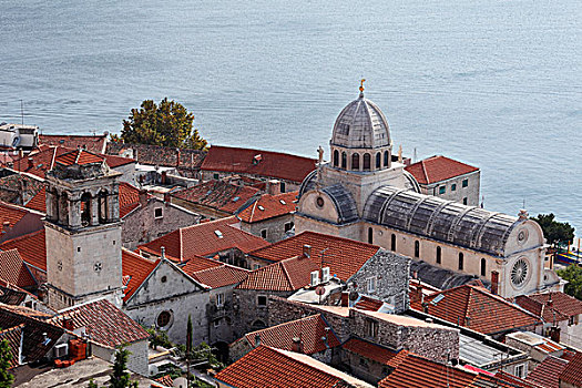 要塞,上方,老城,大教堂,斯本力,达尔马提亚,亚德里亚海,克罗地亚,欧洲