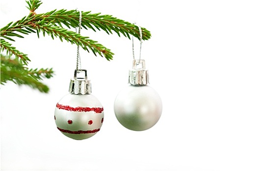 圣诞节,冷杉,枝条,两个,银,彩球