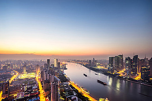 摩天大楼,城市,中国,河,黄昏