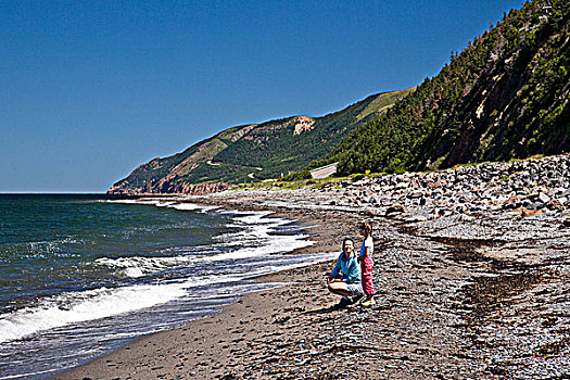 母女,海滩,布雷顿角岛,新斯科舍省,加拿大