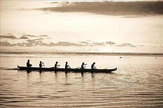 夏威夷,舷外支架,独木舟,桨手,剪影,海洋,日落,黑白照片