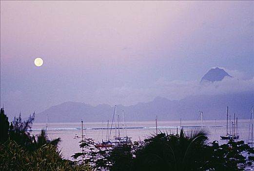 法属玻利尼西亚,塔希提岛,满月,上方,茉莉亚岛,海滩