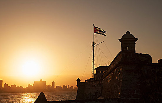 古巴国旗,上方,莫罗城堡,要塞,日落,哈瓦那,古巴
