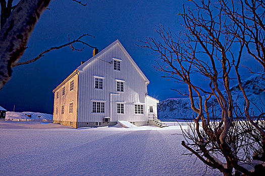 亮灯,特色,木屋,围绕,雪,罗浮敦群岛,挪威北部,欧洲