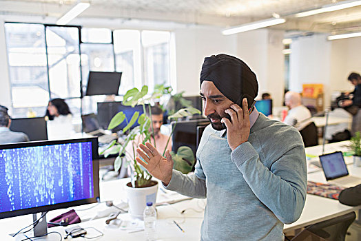 印度,电脑程序员,缠头巾,交谈,机智,电话,办公室