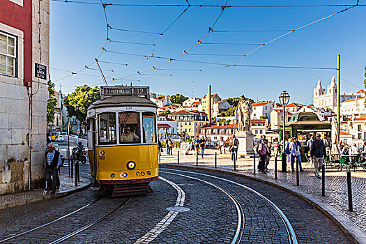老,黄色,有轨电车,正面,雕塑,优雅,寺院,阿尔法马区,地区,里斯本,葡萄牙